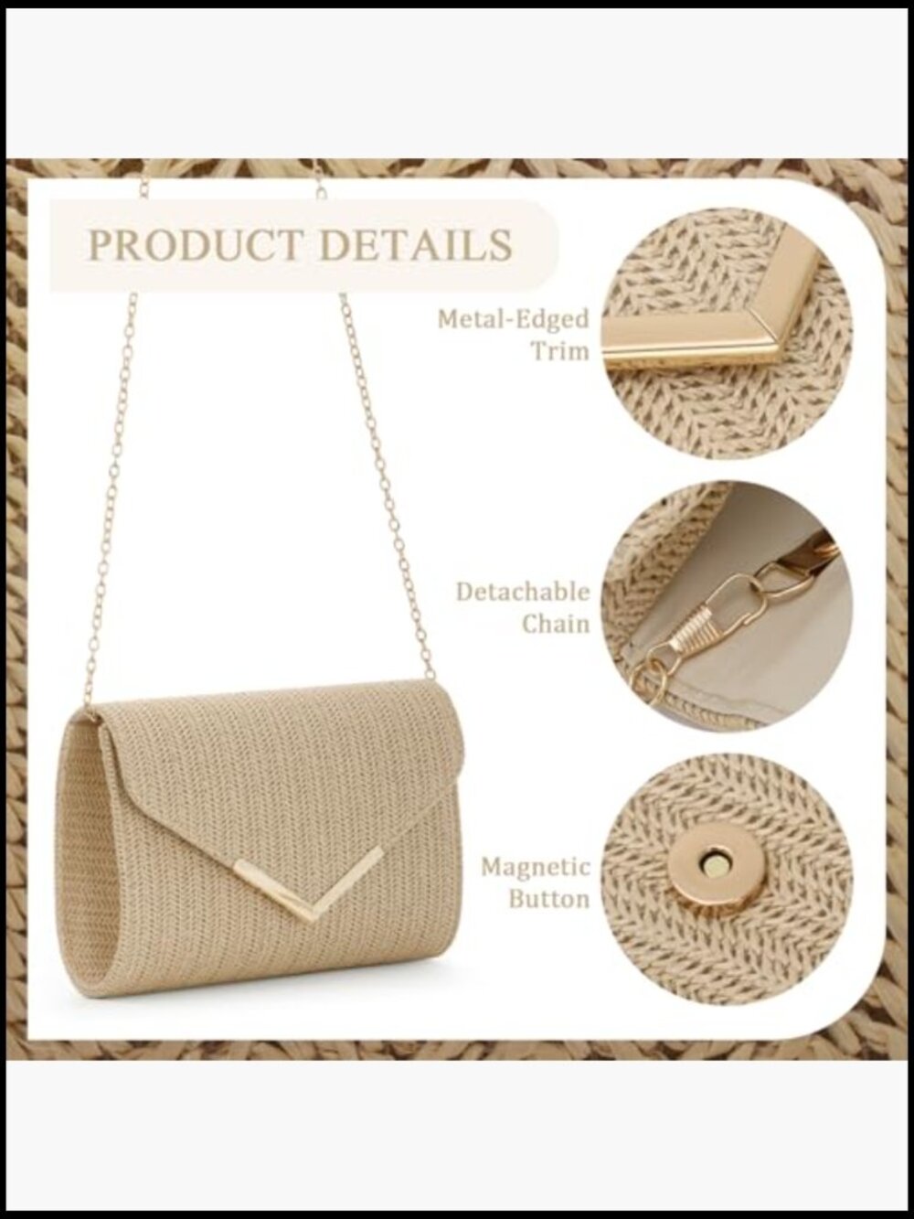 Straw Clutch Purse Woven Rattan Summer Evening Bag Vacation Beach Handbag - Picture 5 of 7